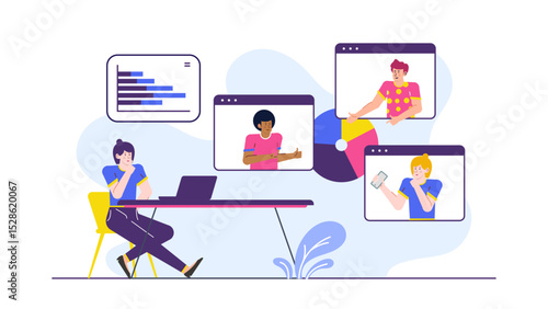 Woman engaging in a video call with three participants, suitable for remote work, virtual meetings, online communication concepts.