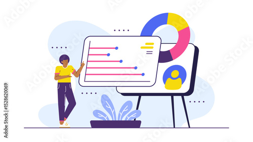 A person demonstrating progress on an easel chart. Perfect for business presentations, educational materials, goal setting, or project updates.