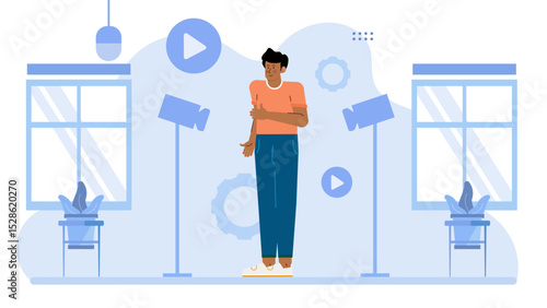 Man in a studio with cameras, perfect for photography, videography, digital content creation, film production, studio portraits, media projects.