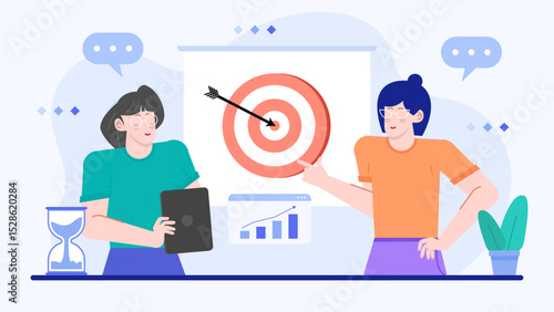 two women as a team brainstorming to reach the business target