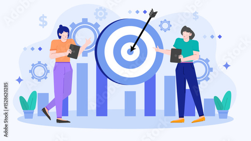 Two people near a target with an arrow; teamwork, success, goal achievement, archery, competitive spirit, motivation, business strategy concepts.