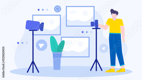 Man adjusting camera for video recording. Suitable for tutorials, vlogging, online courses, and videography content creation projects.