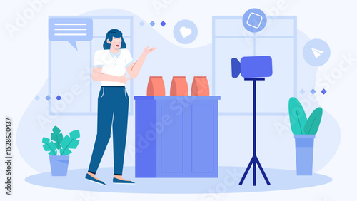 Woman explaining product in video. Suitable for marketing presentations, social media content, and online advertisements. Sales and promotion visuals.
