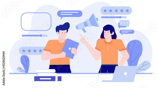Man and woman discuss customer reviews, suitable for marketing materials, business presentations, blog posts, or social media content creation.