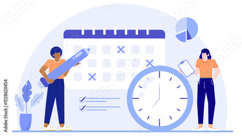 Two people organizing schedule with calendar, clock, and checklist. Business planning, time management, organization, teamwork, scheduling concepts illustration.