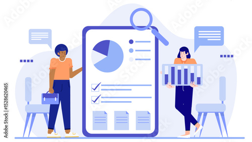 Suitable for business presentations. Two individuals analyzing graphs and charts, ideal for financial reports or data analysis concepts.