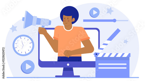 Person using megaphone in front of computer for communication or announcement concept. Suitable for technology, marketing, news, protest, and activism themes.