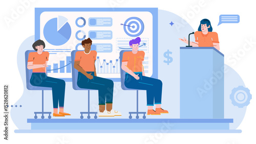 Woman presenting to three people in a meeting. Suitable for business presentations, teamwork, leadership, training, seminars, diversity discussions.