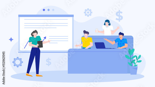 Four people discussing at a business meeting, suitable for corporate presentations, teamwork concepts, diverse team collaboration, and professional web content.