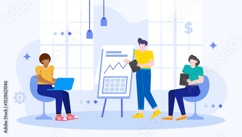 Group of three people in a meeting discussing a graph. Suitable for business presentations, team collaboration concepts, and financial analysis materials.