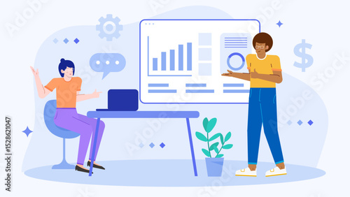 Two people discussing business charts with a dollar sign, suitable for presentations, financial reports, investment concepts, and team meetings.