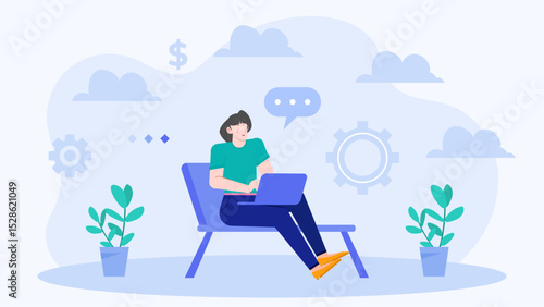 Woman on chair with laptop, suitable for business, technology, remote work, productivity, freelance, studying, student, online shopping, communication concepts.