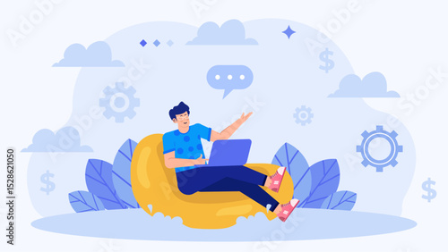 Man on yellow chair with laptop, working remotely. Suitable for technology blogs, freelance work concepts, and home office designs.