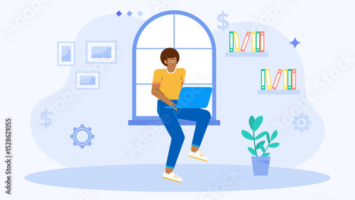 Man working on laptop in window, perfect for illustrating modern technology, remote work, freelancing, internet usage, and urban lifestyle.