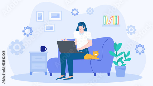 Woman with cat on couch multitasking with laptop. Suitable for lifestyle, work from home, pet owner concepts in design.