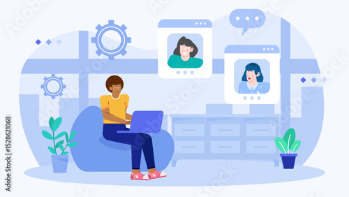 Man video chats with two people on his laptop. Suitable for technology, communication, remote work, and online meetings concepts.