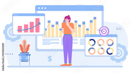 Person in front of a computer screen with dynamic graphs and charts, suitable for business presentations, financial reports, or data analysis concepts.