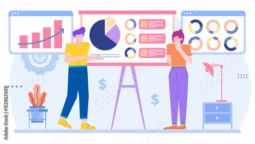 Two people analyzing data on a whiteboard, perfect for business presentations, financial reports, or team strategy meetings.