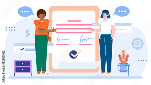Two people signing a document with a checkmark. Ideal for business agreements, contracts, approval concepts in presentations, websites, or marketing materials.