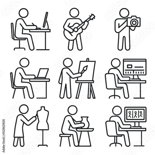 Icons for Graphic Designer, Musician, Photographer, Writer, Painter, Video Editor, Fashion Designer, Potter, Animator. Tools like cameras, brushes.