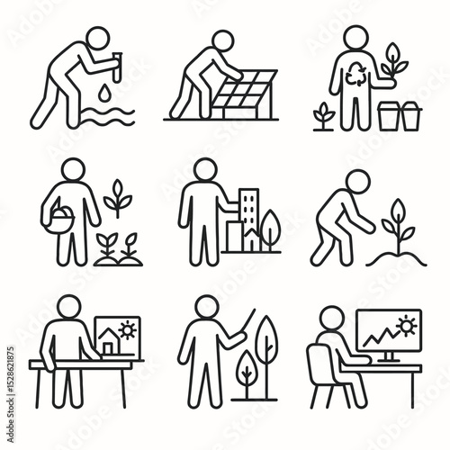 UntitledIcons for Environmental Scientist, Solar Installer, Recycler, Organic Farmer, Urban Planner, Conservationist, Green Architect, Eco-Tour Guide, Climate Analyst.