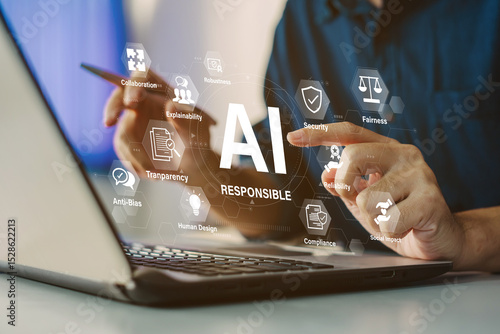 Responsible AI concept with ethical principles transparency and social impact in technology