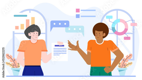 Two individuals discuss data on charts. Suitable for presentations, business websites, financial reports, teamwork concepts, or analysts discussing strategies.