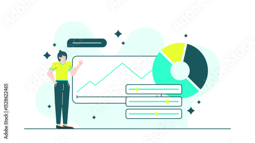 Woman standing by a line graph, suitable for business presentations, data analysis concepts, financial reports, statistics, and market research designs.