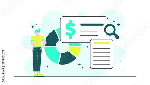 Businessman analyzing data on a pie chart and document with a magnifying glass. Ideal for financial analysis or business strategy concepts.