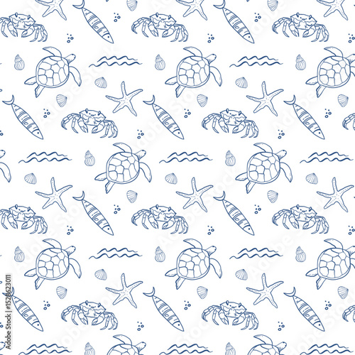 Sea Creatures Line Art Seamless Pattern. Turtle, crab,  starfish, seashell, fish. Minimalist Marine Animals Outline, Ocean Animals Background