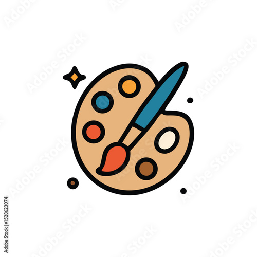 Artistic palette with paintbrush, featuring colorful paint and star sparkles.