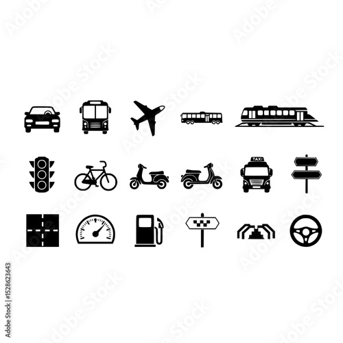 Transportation vector icons set car bus airplane train bicycle scooter taxi traffic light and more icons 100