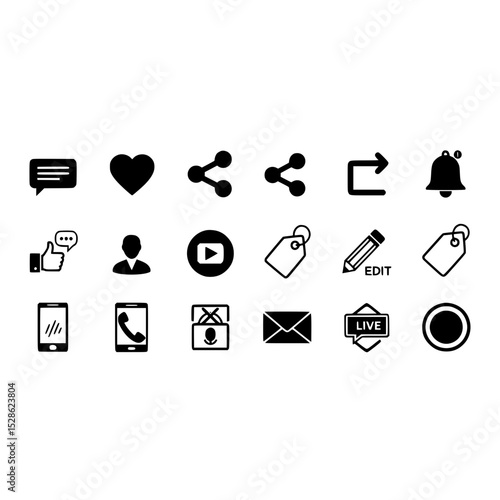 Social media communication icons set share like comment notification user phone email live edit tag bell