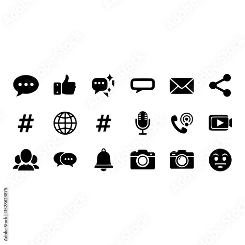 Collection of communication media social network interface icons message email share like camera 100 px