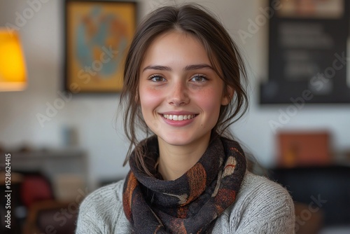 Free Download Joyful Brunette Woman Relaxing in Contemporary Coffee Shop. A Cozy Portrait with Scarf and Accessories in Natural Light, Embracing Spring Fashion & Friendship with a Cup of Coffee - GFXLoad