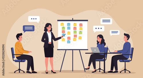 Business Workshop Concept. Vector cartoon illustration of a group of diverse people sitting at a table with a woman standing in front of them next to a board with stickers. Isolated on background