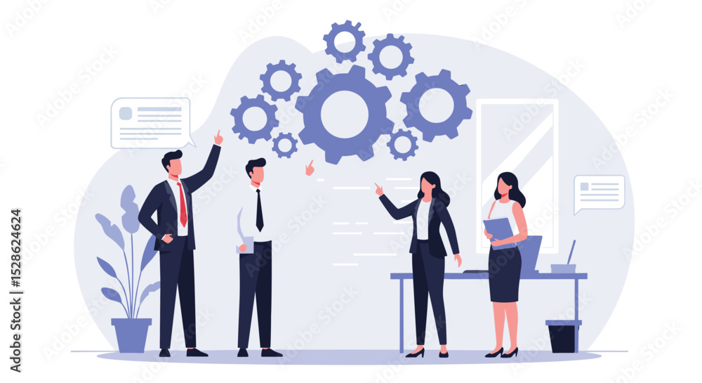 Business Discussion Concept. Vector flat style illustration of a group of diverse smiling people in business outfits with gears on top talking to each other. Isolated on background Business Discussion Concept. Vector flat style illustration of a group of diverse smiling people in business outfits with gears on top talking to each other. Isolated on background
