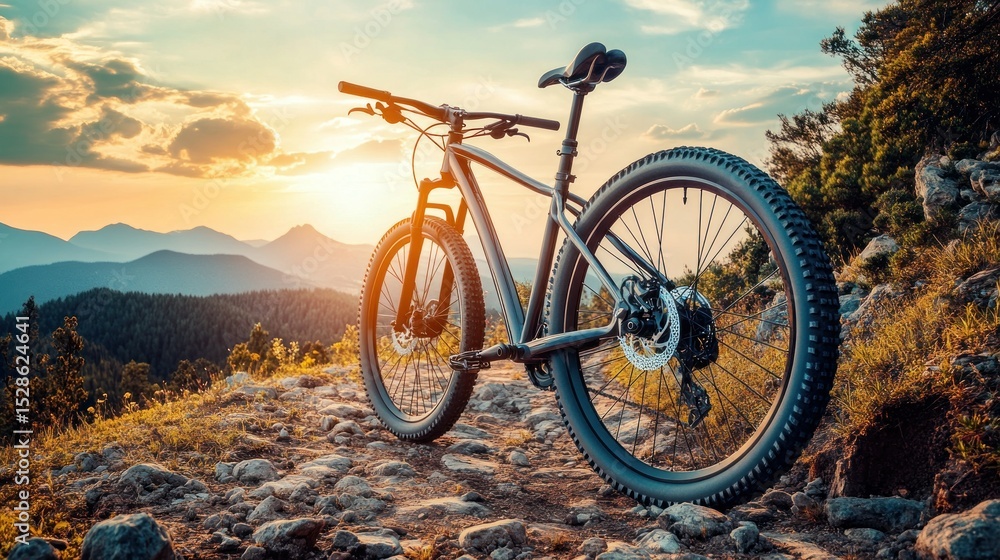 Fototapeta premium Mountain bike at sunset over hills