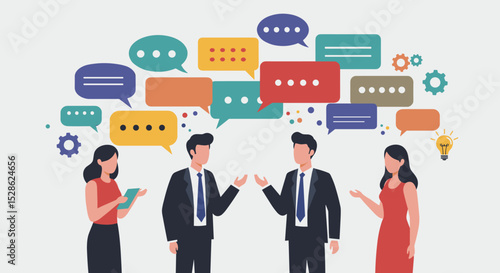 Business Discussion Concept. Vector cartoon full-length illustration in a flat style of various people talking to each other with bubbles over their heads. Isolated on background.