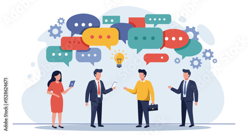 Business Discussion Concept. Vector cartoon full-length illustration in a flat style of various people talking to each other with bubbles over their heads. Isolated on background.