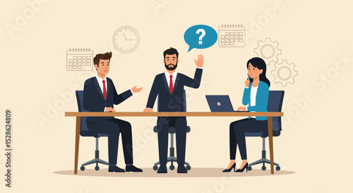 Business Job Interview concept. Vector cartoon illustration of two people sitting at a table with a laptop and asking a young man in a suit questions. Isolated on background 