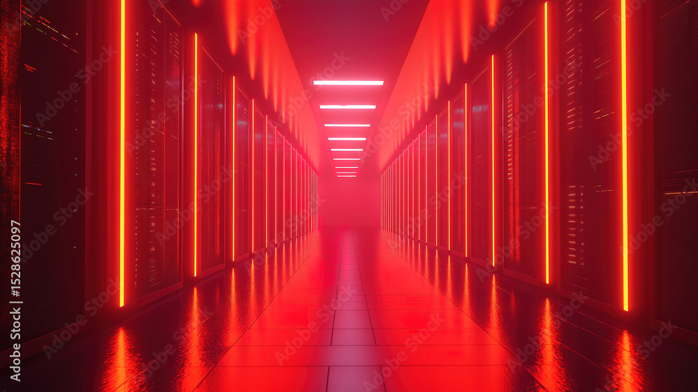 Fototapeta premium Corridor view of a data center with rack servers, supercomputers, and cloud storage integration