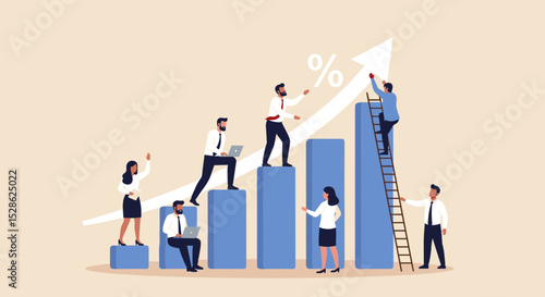 Business Success Concept. Vector cartoon illustration of a group of diverse people in business suits working on improving a financial chart by moving the arrow up. Isolated on background.