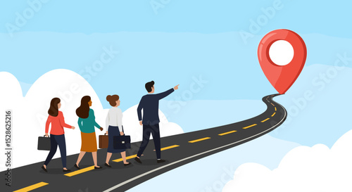 Business Way Concept. Vector cartoon illustration of a group of people in business suits standing at the start of a path with a leader at the head pointing to the final location pin. 