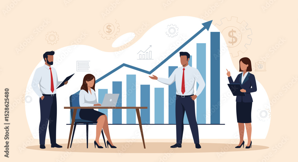 Obraz premium Business Planning Concept. Contemporary flat style vector illustration of a man in a business suit presenting a strategy to a group of colleagues with a growing graph in background.