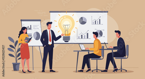 Business Idea Presentation Concept. Vector cartoon illustration of an office worker presenting his idea with a board with a light bulb and graphs in front of his colleagues. Isolated on background 