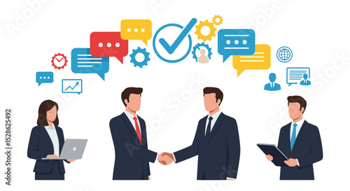 Business Meeting Concept. Vector cartoon full-length illustration in a flat style of business people with two men in suits in the center shaking hands. Isolated on background. 