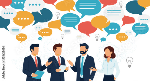 Business Discussion Concept. Vector cartoon full-length illustration in a flat style of various people talking to each other with bubbles over their heads. Isolated on background. 