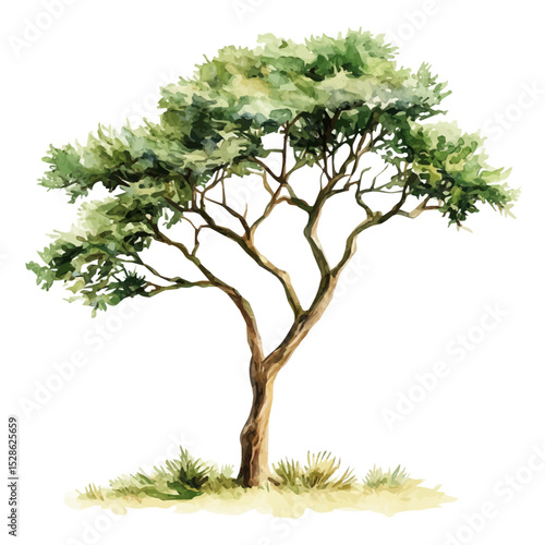 A Acacia Tree, watercolor vector, high quality, isolated on a white background.