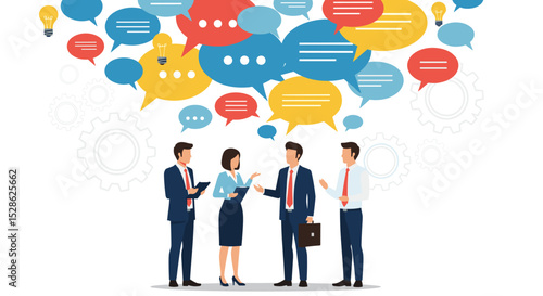 Business Discussion Concept. Vector cartoon full-length illustration in a flat style of various people talking to each other with bubbles over their heads. Isolated on background. 